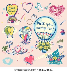 Set of image balloon for wedding, love story. Bird with flower. Text bridal shower.