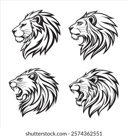 set of image is a black and white vector illustration of a lion's head.