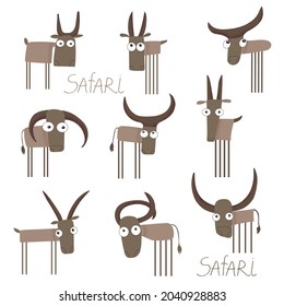 A set with the image of bulls and goats on an isolated background. Vector illustration for clothing, packaging, gifts, postcards, posters, dishes.