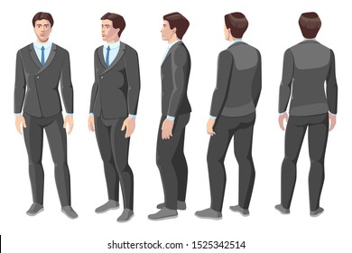 
set of image of a businessmen figure in different forms: frontal, profile, three quarters, from the back. Vector illustration