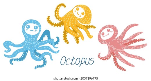 A set with the image of cartoon multi-colored octopuses on an isolated background. Vector children's illustration for clothing, packaging, gifts, postcards, posters.