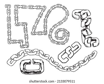 Set with the image of chains of various sizes, isolated on a white background. Traced drawing for illustration and design.