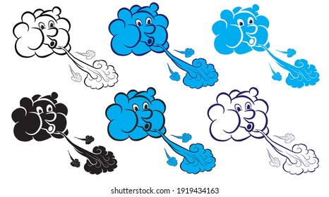Set of Image of a cute cartoon cloud blowing in the wind, isolated on white. Vector illustration.