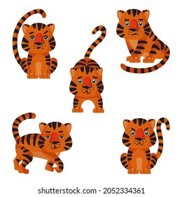 Set with the image of cute cartoon tigers on an isolated background. The symbol of the new year. Vector illustration for clothing, packaging, gifts, cards, posters and stationery.