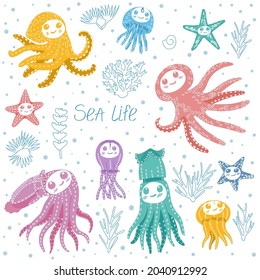 A set with the image of cute colorful jellyfish, squid, octopus and starfish on an isolated background. Vector children's illustration for clothing, packaging, gifts, postcards, posters and stationery