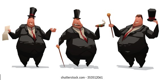 Set of image of fat and very rich business me in black costume. One stand and smoking a cigars. One standing and holding a contract. All they have overweight. vector illustrations