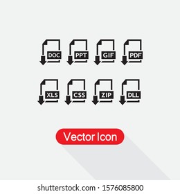 Set of Image File Formats icons Download DOC,PTT,GIF,PDF,XLS,CSS,ZIP,DLL File Icons Vector Illustration Eps10