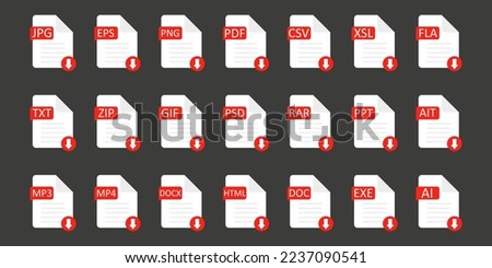 Set of Image File Formats icons. Set of pdf, doc, excel, png, html, doc, jpg, eps, psd, gif, csv, xls, fla, xsl, zip, gif, rar, exe, ai, ait, mp3, mp4, ppt, html, txt and docx.