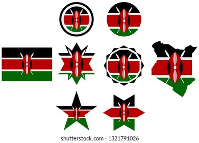 Set with the image of the flag of Kenya. Vector isolated on white background.