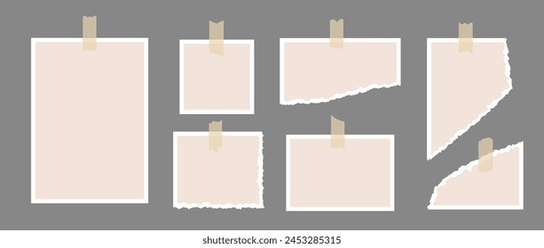 Set of image frames and torn paper glued on adhesive tape. Mood board template for mockup, poster design, banner, flyer, brochure. Empty jagged edge paper pieces collection. Vector blank memo pack