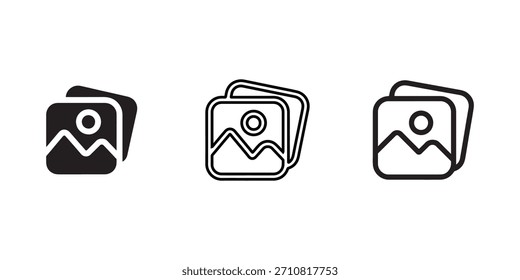 Um conjunto de ícones de imagem com um design de montanha e sol, perfeito para representar galeria de mídia e aplicativos de fotografia. Ilustração vetorial.