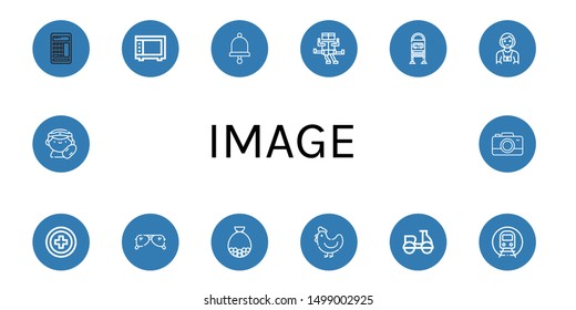 Set of image icons such as Calculator, Microwave, Bell, Swing, Bus stop, Photographer, Red cross, Sunglasses, Bag, Hen, Motorcycle, Subway, Lifeguard, Camera , image