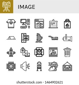 Set of image icons such as Camera, Tshirt, Computer, Picture, Rainbow, Shopping bag, Tent, Cassette, Harp, Brush, Spotlight, Hydrant, Candle holder, Photo, Trash, Cpu , image