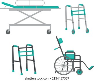 A set with the image of medical, orthopedic accessories, such as a medical wheelchair, a wheelchair and a walker. Vector illustration