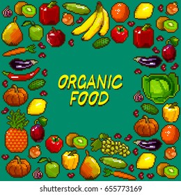 A set of image pixels of vegetables and fruits on a green background, with the words "Organic food".