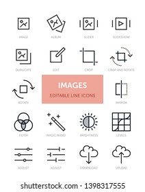 Set of Image related vector line icons with editable stroke. Contains icons such as Image, Adjust, Crop, Filter and more.