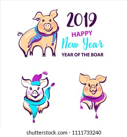 Set image silhouette pig with scarf and hat. Chinese earth boar of horoscope sign. Happy new year party sign, badge, insignia. Greeting card in 2019. Vector illustration. 
