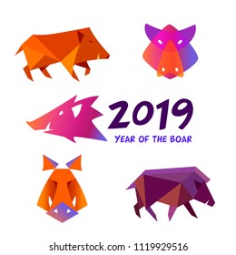 Set image silhouette wild pig, hog. Horoscope sign chinese earth boar. Happy new year party logo, sign, badge, insignia. Greeting card in 2019. Vector illustration.