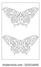 Set von zwei erstaunlichen Schmetterlingen mit linearem abstraktem Art-Deco-Muster. Farbseiten für digitale Entladungen. Schwarz-Weiß.