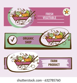 Set of image vegetable on wheelbarrow. Hand-drawn vector template banner, poster, logo for shop, market, store with farm, fresh, organic product.