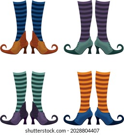 A set with the image of witch shoes in stockings of different colors. Witch nights in stockings and boots. The witch s boots are in socks.Vector illustration isolated on a white background