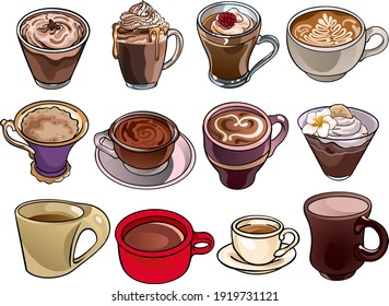 Set of images of 12 sweet drinks: tea, coffee, hot chocolate, cocoa. Collection of vector stock food illustrations, isolated on white background, for custom design and print.