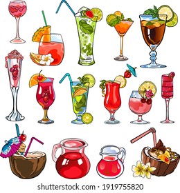 Set of images of 15 sweet drinks: summer fresh fruity cocktails, juice and lemonade. Collection of vector stock food illustrations, isolated on white background, for custom design and print.