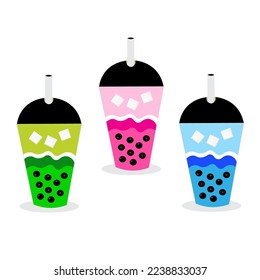 Set of images of 3 boba drink variants. Illustration of matcha flavored boba drink, strawberry flavor, and blueberry flavor. Vector illustration.