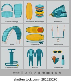 set of images about kiteboarding in flat style