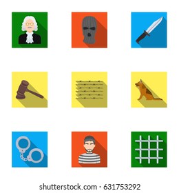 Set of images about the prison and prisoners. Surveillance of thieves, court, crime and punishment.Prison icon in set collection on flat style vector symbol stock illustration.