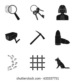 Set of images about the prison and prisoners. Surveillance of thieves, court, crime and punishment.Prison icon in set collection on black style vector symbol stock illustration.