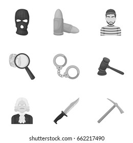 Set of images about the prison and prisoners. Surveillance of thieves, court, crime and punishment.Prison icon in set collection on monochrome style vector symbol stock illustration.