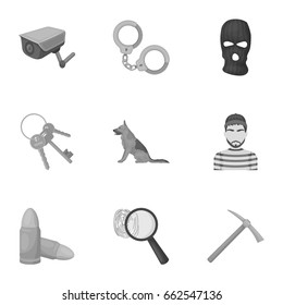 Set of images about the prison and prisoners. Surveillance of thieves, court, crime and punishment.Prison icon in set collection on monochrome style vector symbol stock illustration.