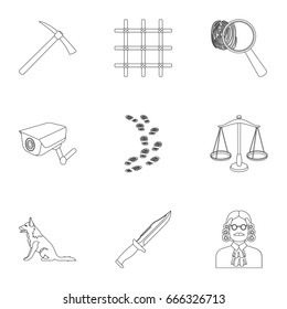 Set of images about the prison and prisoners. Surveillance of thieves, court, crime and punishment.Prison icon in set collection on outline style vector symbol stock illustration.