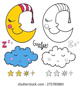 Set of images about sleeping for coloring. Good night! Sleeping halfmoon in striped cap, sleeping cloud, various of stars with faces. Isolated on white background.  