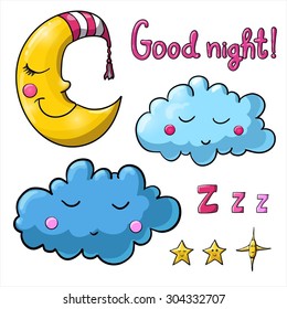 Set of images about sleeping for coloring. Good night! Sleeping moon in striped cap, sleeping cloud, various of stars with faces.  