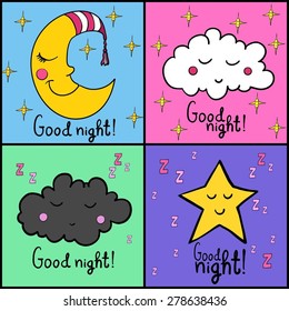 Set of images about sleeping. Good night! Sleeping smiling crescent in striped cap, sleeping cloud with zzz. Sleeping smiling star with zzz.