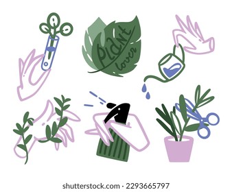 A set of images about taking care of house plants. Vector doodle flat style. Test tube, mostera leaf, watering can, spray and plant pruning.