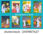 Set of images Abrahams test in flat cartoon design. This set of illustrations shows scenes from the biblical story of the test of Abraham