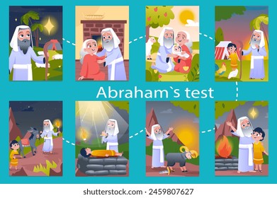 Set of images Abrahams test in flat cartoon design. This set of illustrations shows scenes from the biblical story of the test of Abraham's faith. Vector illustration.