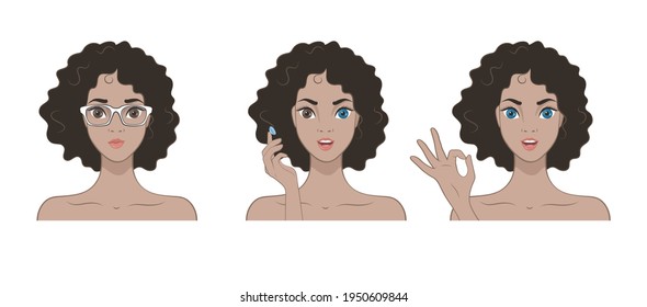 Set of images of an African American girl putting on contact lenses.