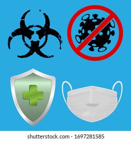 A set of images against the virus. Mask, coronavirus shield and virus symbol