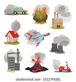 Set of images of air pollution sources. Vector illustration.
