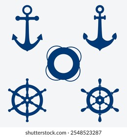 set of images of an anchor, lifebuoy and steering wheel, nautical symbols. ship wheel icons set Vector illustration