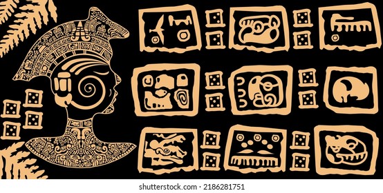 A set of images of an ancient girl and symbols
 of the ancient Mayan and Toltec civilizations on a black background.