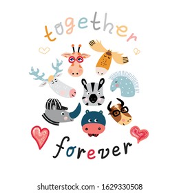 Set of images of animal faces with handwritten inscription on a white background. Great as a print for baby clothes.