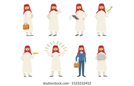 Set of images of arab men in white clothes. Vector illustration.