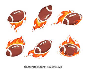 A set of images of balls for American football and rugby on fire. The concept of hot confrontation and burning throws