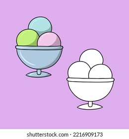 Un conjunto de imágenes, bolas de helado de fruta en un vidrio plateado, ilustración vectorial en estilo de dibujos animados sobre un fondo de color