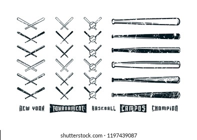 Set of images of baseball bats. Horizontal and crossed version. Design with vintage texture. Black print on white background